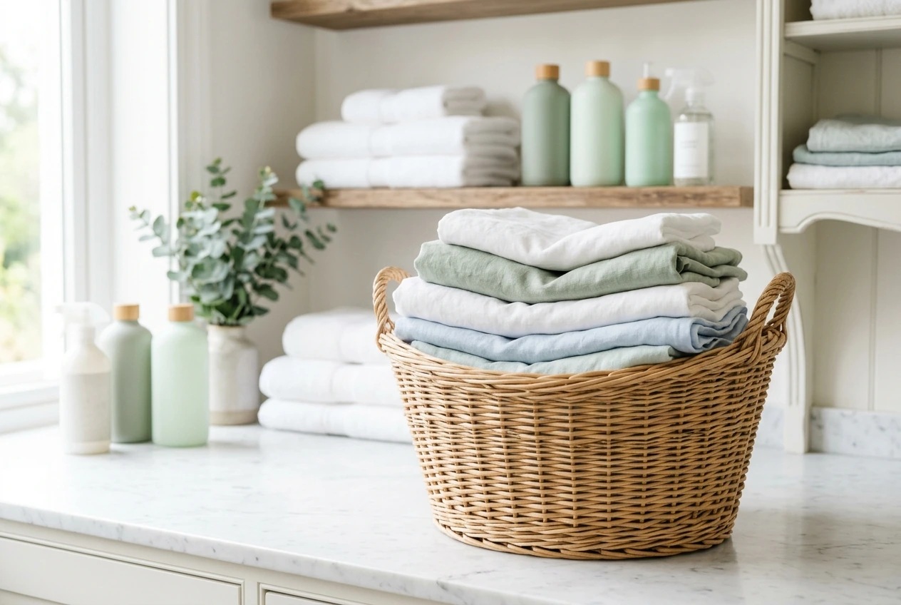 Neatly folded laundry in a basket in a bright laundry setting