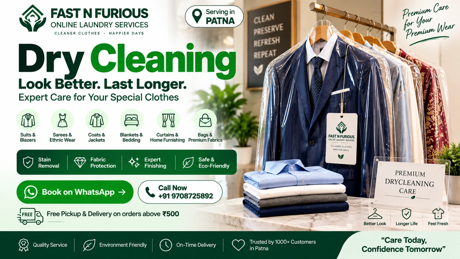 Dry cleaning service visual with formal garments presented for garment care