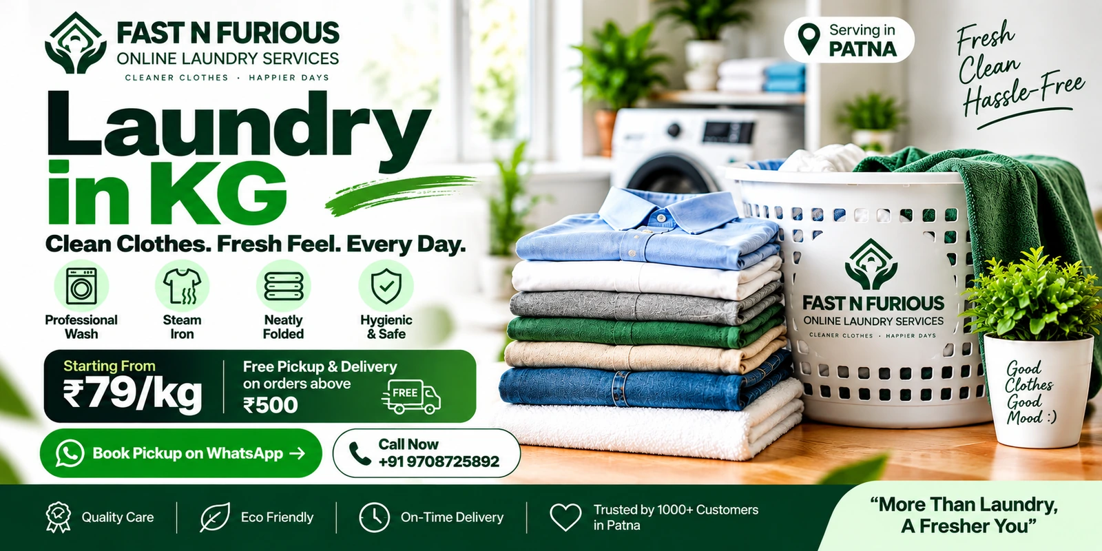 Laundry in KG service visual with neatly folded clothes and a laundry basket