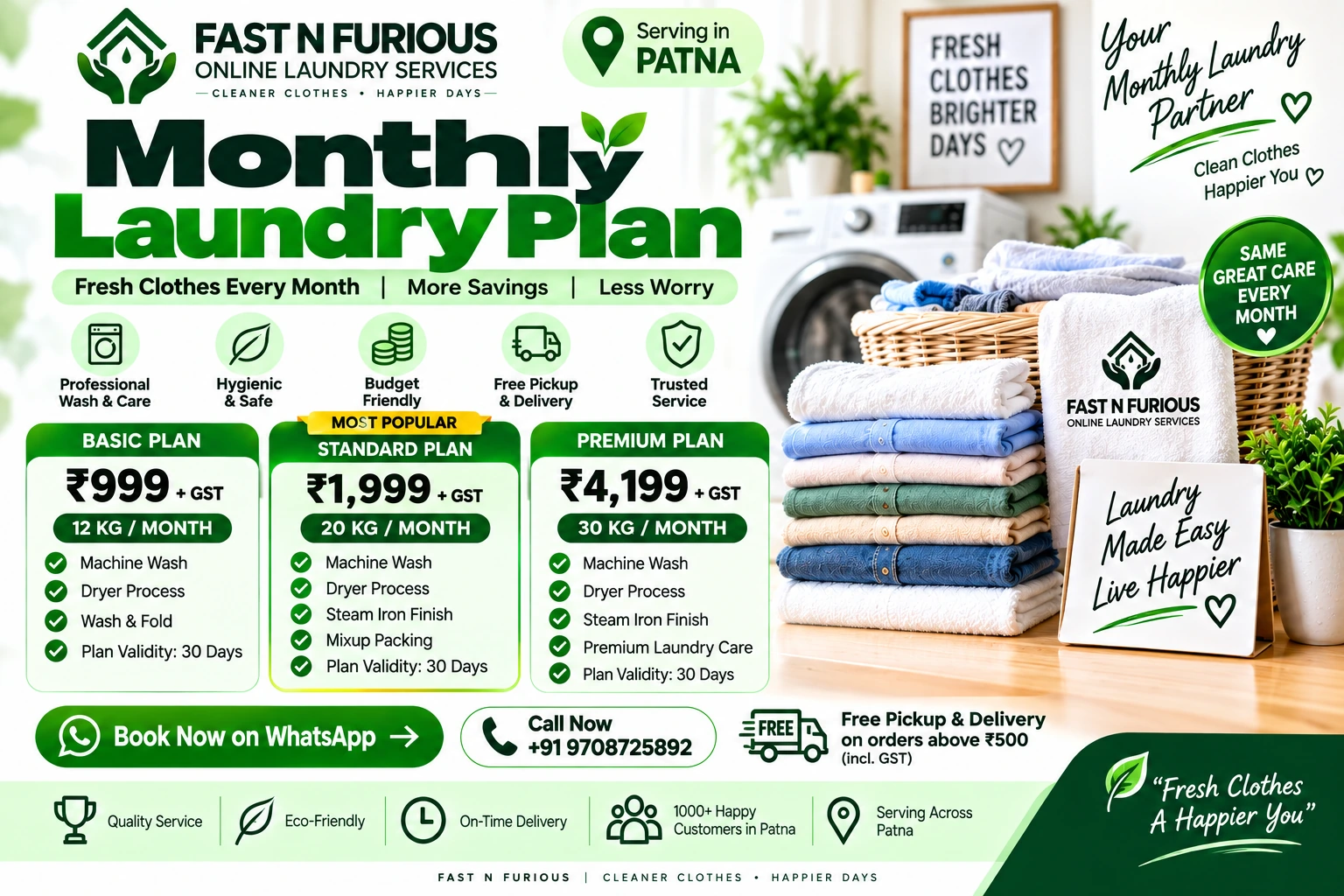 Monthly laundry plan visual with organized clothes and plan options